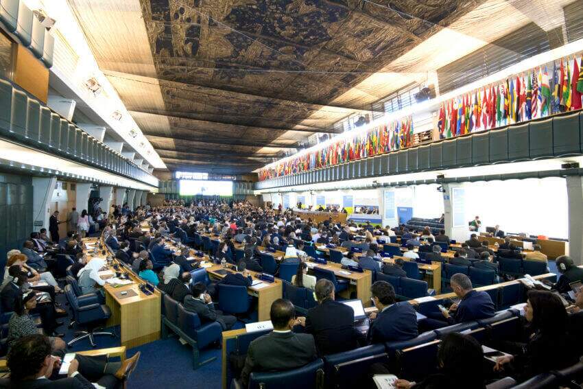 Na imagem, salão de conferência da FAO durante sessão de debate.
