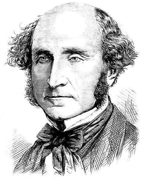 Retrato de Stuart Mill. Conteúdo sobre laissez-faire.
