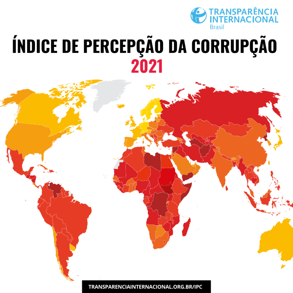 Mapa que mostra a Distribuição do Índice de Percepção da Corrupção pelo Mundo.