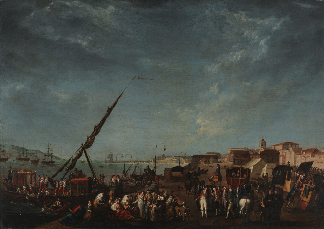 O Embarque da Família Real Portuguesa ao Brasil em 1807, pintura do século XIX atribuída a Nicolas-Louis-Albert Delerive. 