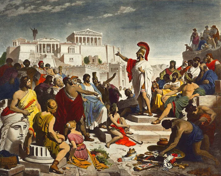 democracia grega, democracia ateniense. praça pública. democracia direta.