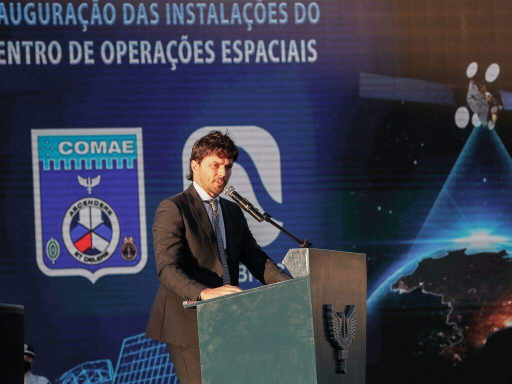 O ministro das Comunicações, Fábio Fária, durante a cerimônia de Inauguração do Centro de Operações Espaciais Principal (COPE-P) ( Foto: Alan Santos/PR)