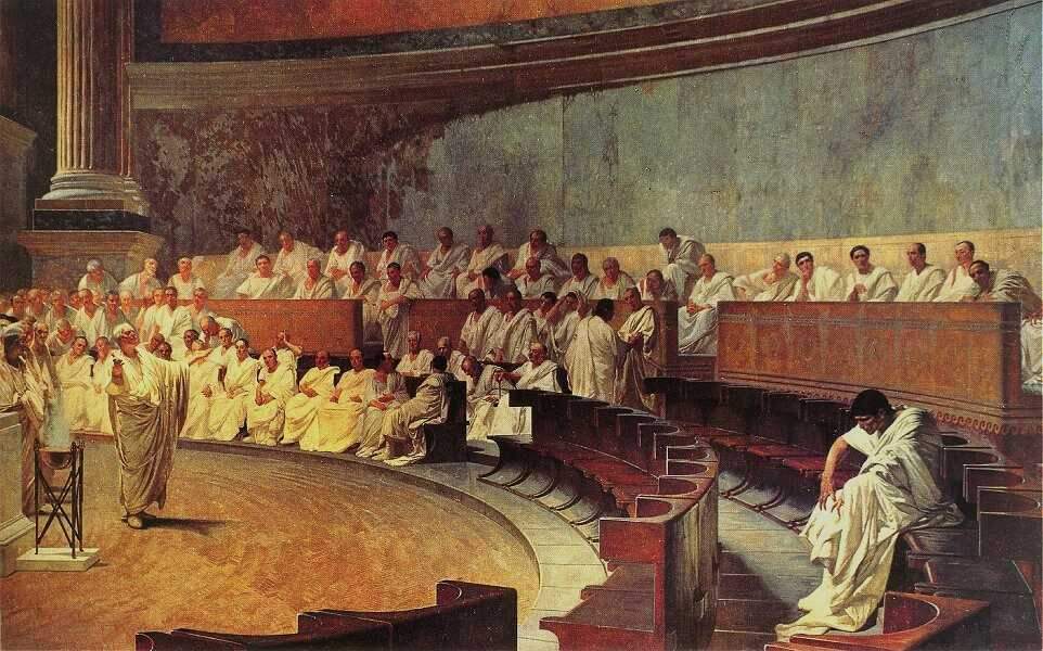 imagem ilustrativa república. Senado romano reunido na Cúria Hostília. Imagem: Domínio Público / Wikimedia Commons.