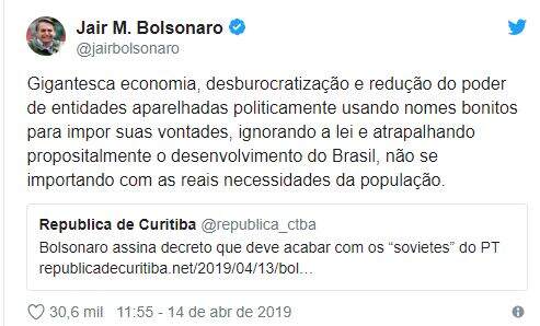 Comentário do presidente Jair Bolsonaro sobre o Decreto n° 9759, realizado pela plataforma Twitter