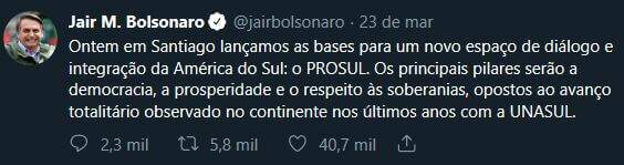 Twitte de Bolsonaro sobre o Prosul