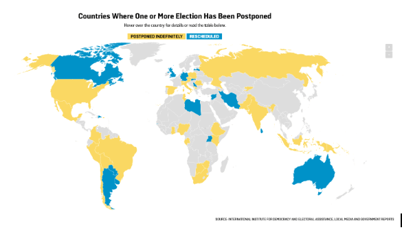 Mapa de eleições da Foreign Policy. Em azul os países que remarcaram eleições e em https://foreignpolicy.com/2020/05/22/coronavirus-elections-postponed-rescheduled-covid-vote/amarelo os que as adiaram, ainda sem uma definição. Veja o mapa intrativo em https://foreignpolicy.com/2020/05/22/coronavirus-elections-postponed-rescheduled-covid-vote/