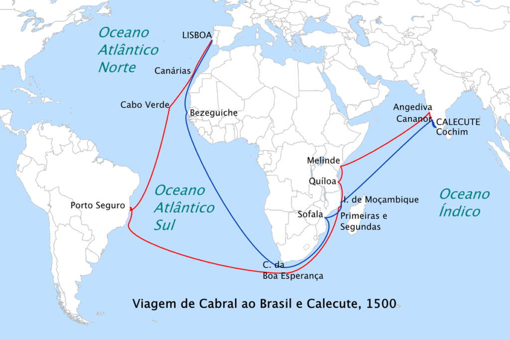 Rota da viagem de Pedro Álvares Cabral de Portugal para a Índia em 1500 (em vermelho) e o retorno (em azul). Imagem: Wikipedia/Reprodução.