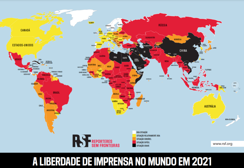 Classificação mundial da liberdade de imprensa 2021. Mapa: Repórteres Sem Fronteiras.
