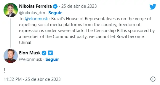 Captura de tela de interação no twitter entre o deputado federal Nikolas Ferreira e o empresário Elon Musk.