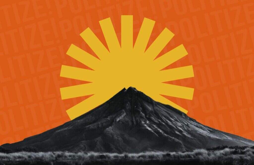 A imagem mostra um vulcão adormecido em um fundo laranja