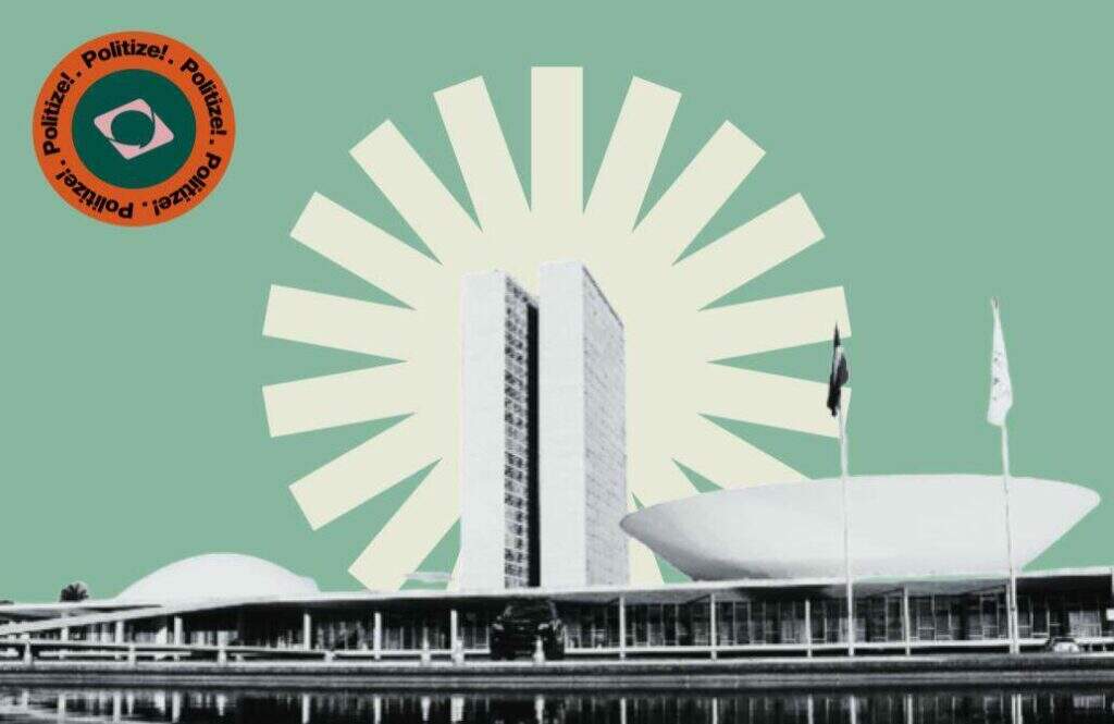 a imagem mostra um colagem do congresso nacional em um fundo verde