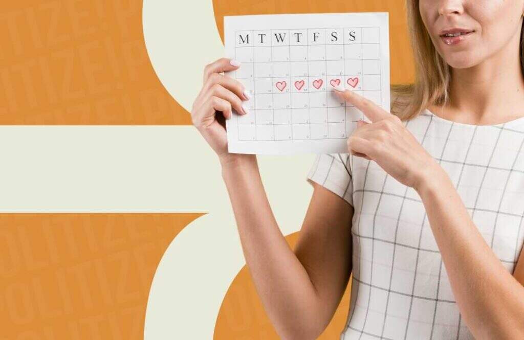 Capa do texto com imagem de mulher com calendário dos dias de menstruação.