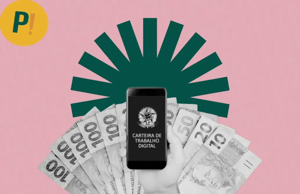 Imagem de notas de dinheiro em real e uma mão segurando a carteira de trabalho digital