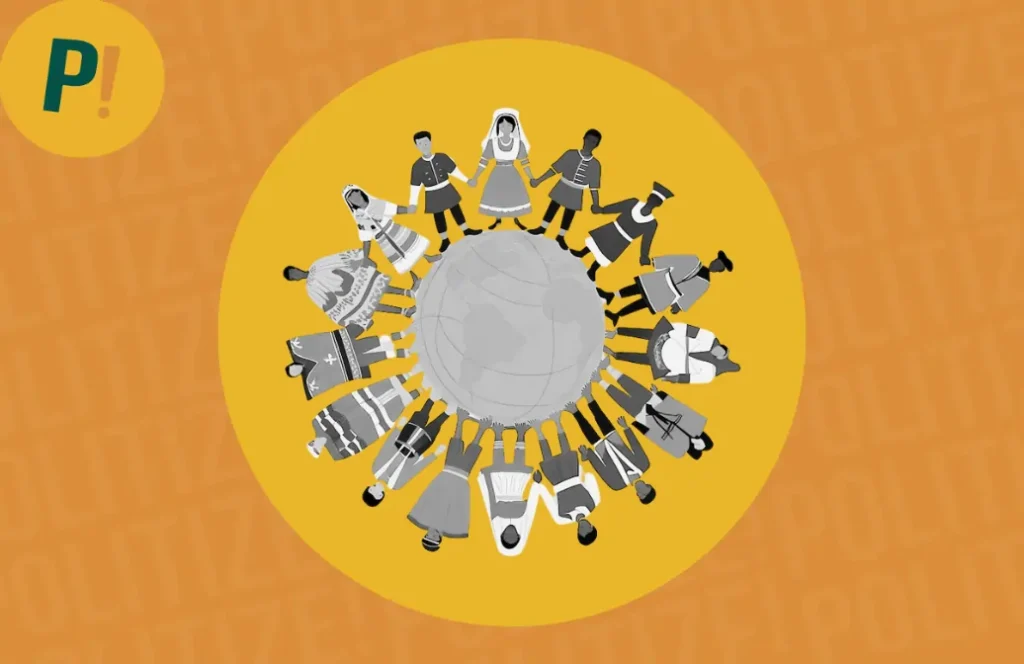 Ilustração de várias pessoas representando culturas diferentes, de mãos dadas ao redor do globo.