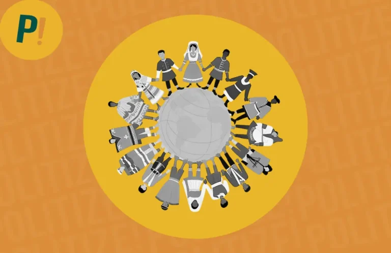 Ilustração de várias pessoas representando culturas diferentes, de mãos dadas ao redor do globo.