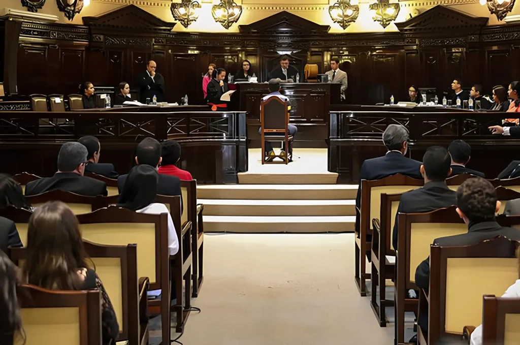 A foto retrata um tribunal, palco de importantes decisões judiciais e um dos principais espaços das áreas do Direito, como o Direito Penal.