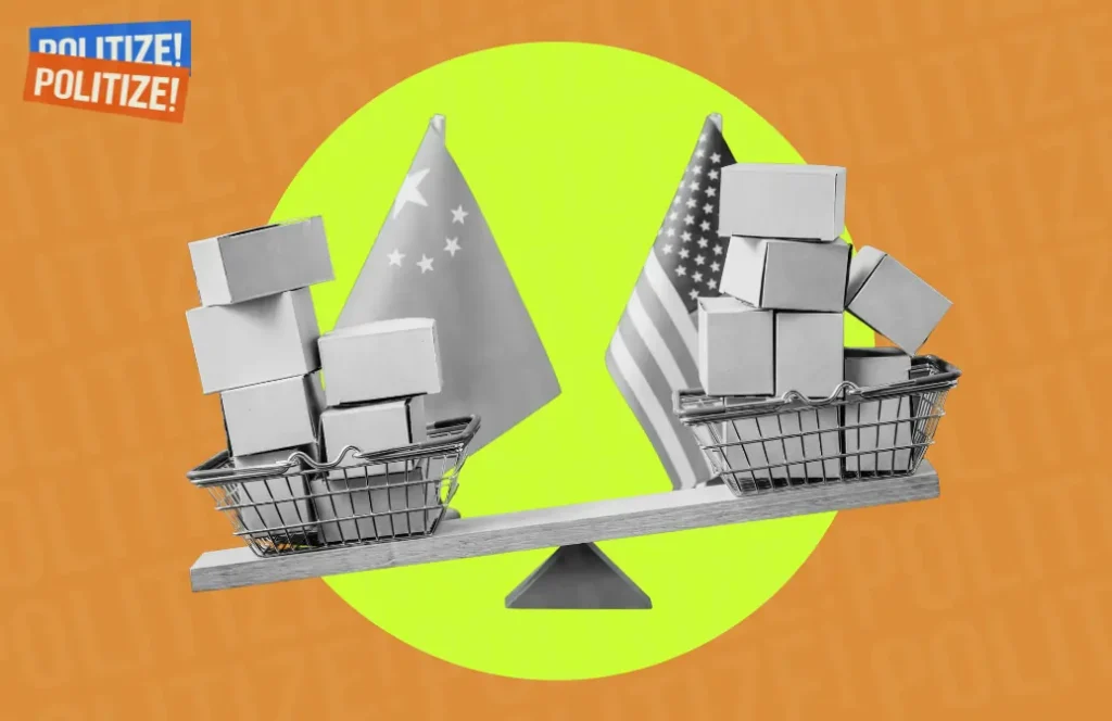 imagem de da bandeira americana e chinesa, simulando a guerra comercial