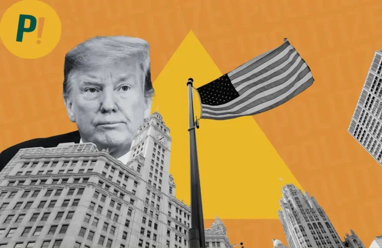 Imagem de Donald Trumo e uma paisagem de prédio com a bandeira dos Esstados Unidos a frente