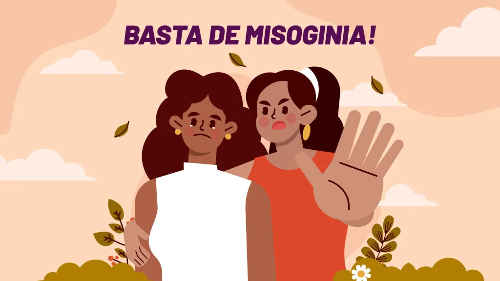 Ilustração de duas mulheres e a frase Basta de misoginia. Texto: Você sabe o que é a criminalização da misoginia?