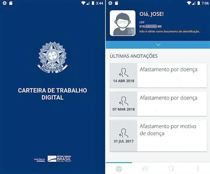 A imagem apresenta a tela principal da carteira de trabalho. Ela mostra a capa do aplicativo (com o símbolo e o nome Carteira de Trabalho Digital) e do lado a parte principal, que contém os dados do trabalhador e as últimas movimentações.