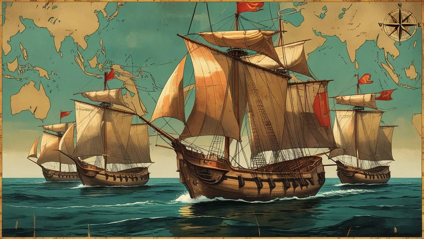 Ilustração de caravelas navegando em mar aberto. Texto: Grandes Navegações: o que foi esse período?