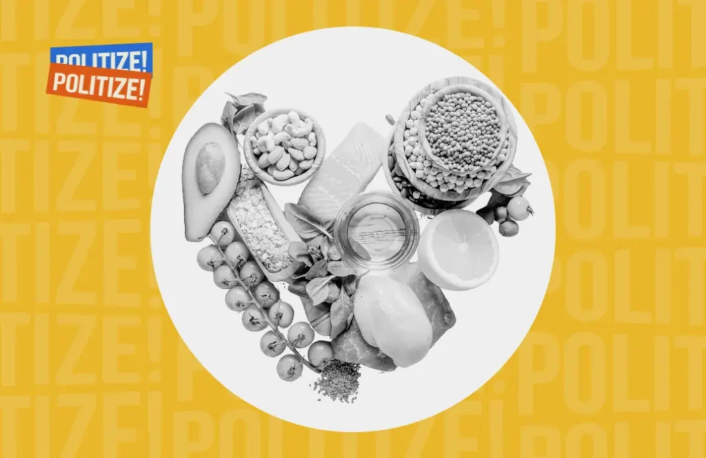 imagem de alimentos variados e saudáveis, dispostos de maneira a formar um coração