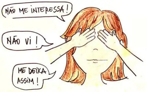 menina ruiva com as mãos tampando os olhos e falando as palavras: " não me interessa", " não vi" e " me deixa assim"