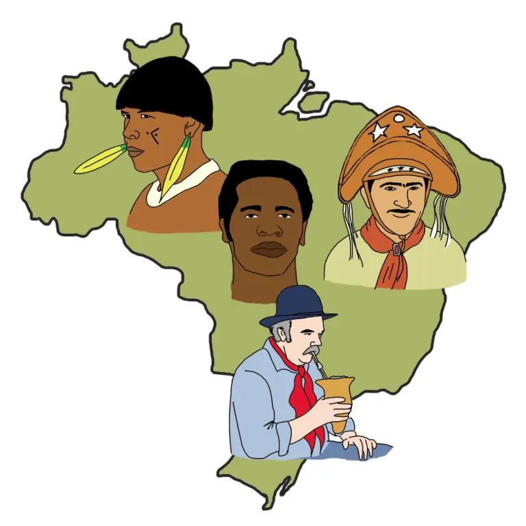 Imagem de representação gráfica de um indígena, um negro, um gaúcho e um cangaçeiro. Expressando a diversidade brasileira
