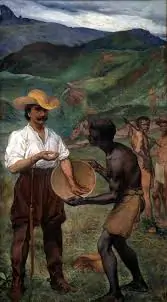 Imagem de uma obra de arte onde um homem interage com um negro escravizado. Texto: Entenda como ocorreu a corrupção na história do Brasil