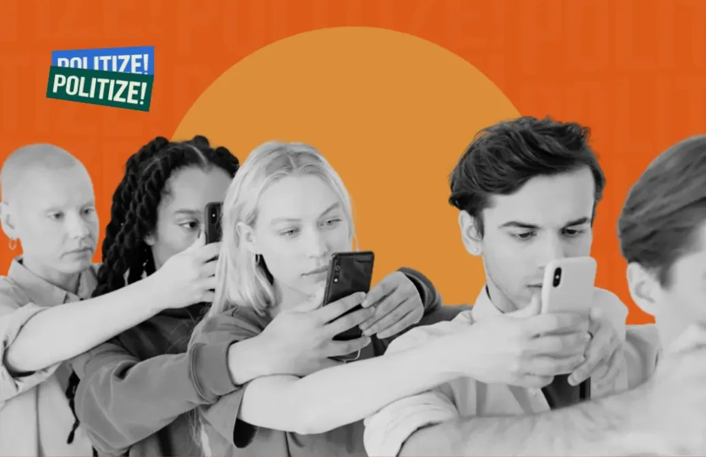 fila de pessoas mexendo no celular, uma na frente da outra