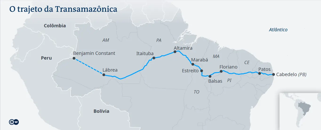 Mapa da representação gráfica do mapa do brasil, com o trajeto da rodovia destacado. 