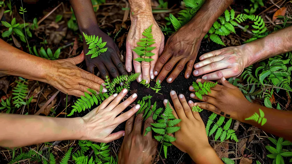 Mãos de um grupo diverso são colocadas juntas em um pedaço de solo cercado por folhas. Texto: O que é Racismo Ambiental?