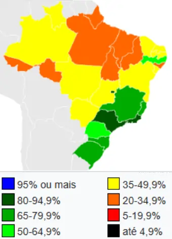 Mapa do Brasil que demonstra regiões do Brasil que possui bom ou não tratamento de esgoto. 