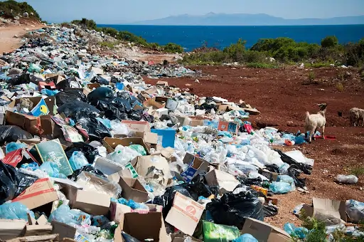 Imagem de um lixão a céu aberto. Texto: O que é a Política Nacional de Resíduos Sólidos (PNRS)?