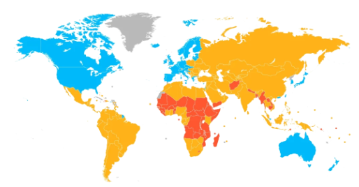 Classificação de acordo com o FMI e ONU em 2022. Em azul, países desenvolvidos; em laranja, países em desenvolvimento; em vermelho, países menos desenvolvidos.