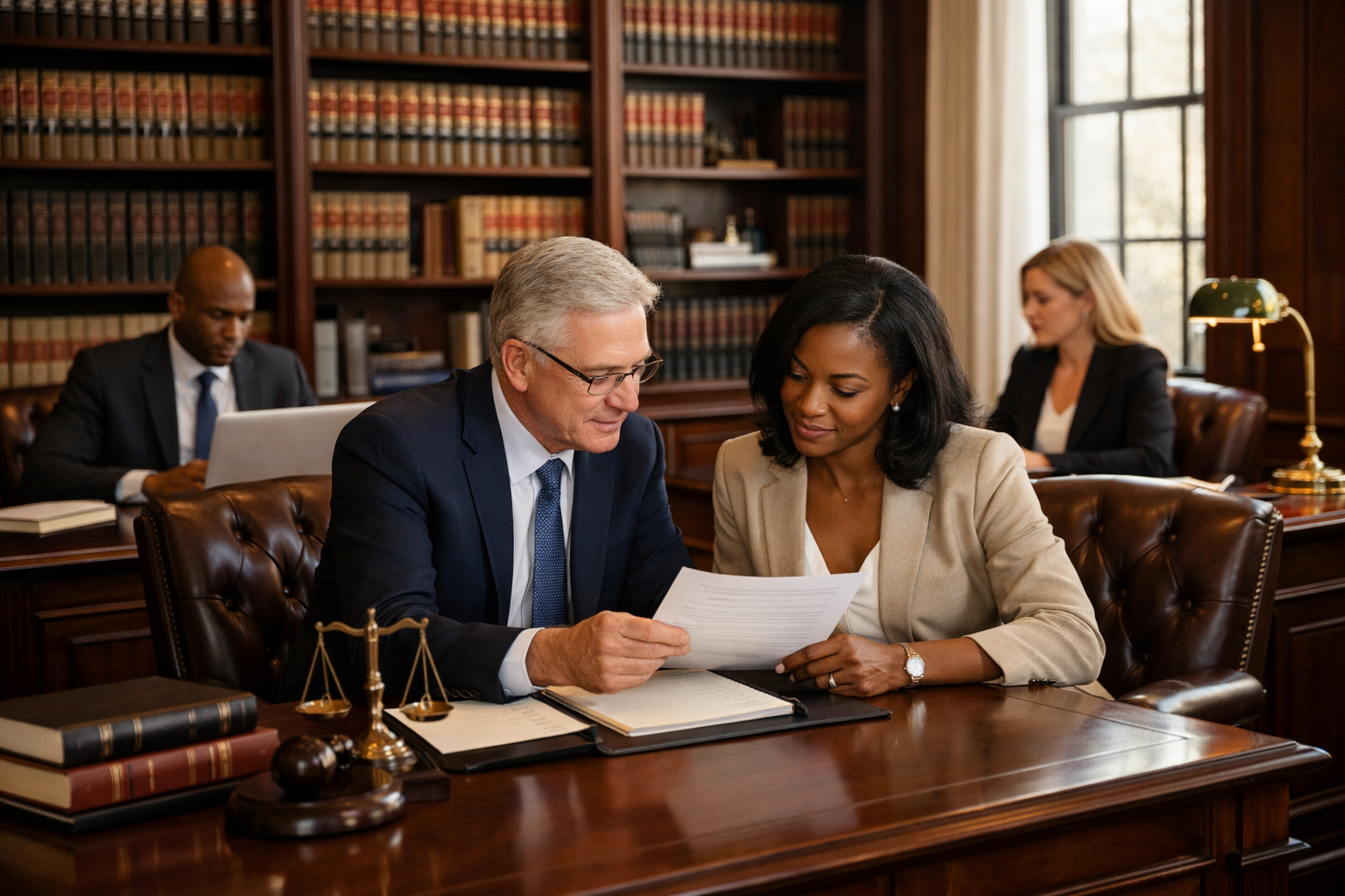 Um homem de terno escuro e gravata azul e uma mulher de blazer bege analisam juntos um documento sobre uma mesa de madeira escura. Ao fundo, estantes repletas de livros jurídicos, uma balança da justiça e um martelo compõem o ambiente formal de um escritório de advocacia privado.